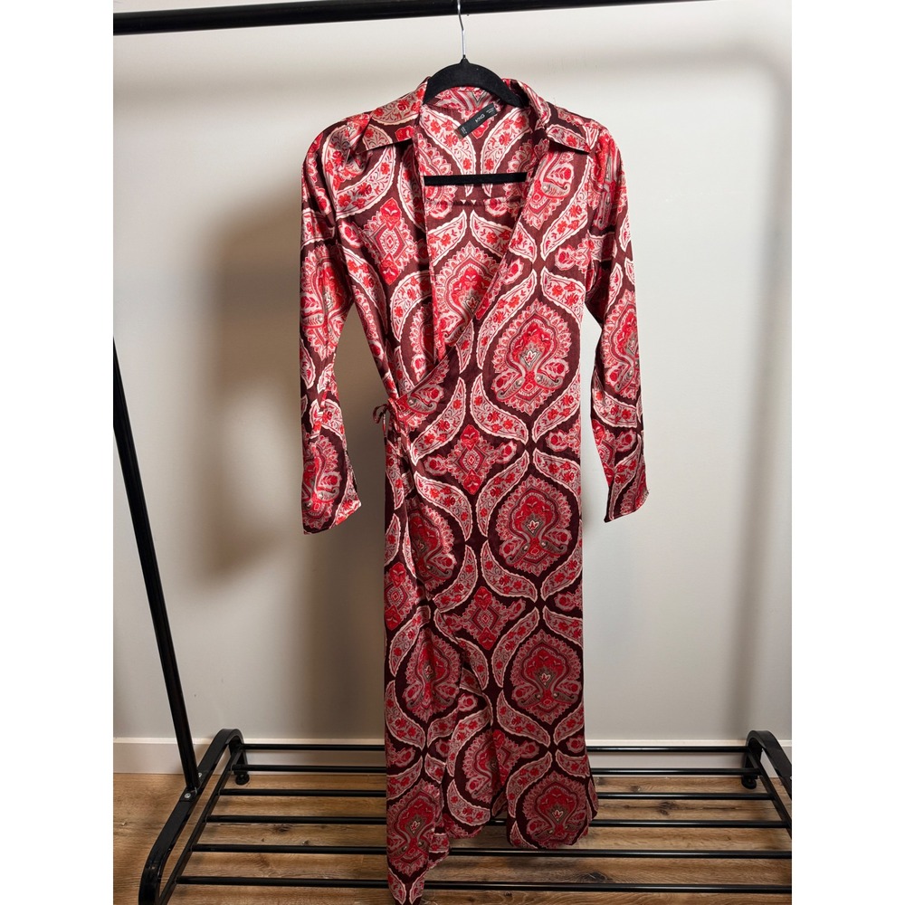 Mango Red Paisley Print Long Sleeve Wrap Midi Dress Size XS 2